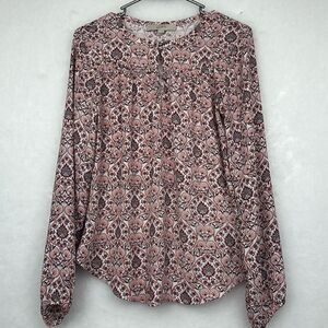 Loft Blouse Long Sleeve Floral Medallion Print Red Womens Rayon Polyester Sz XS